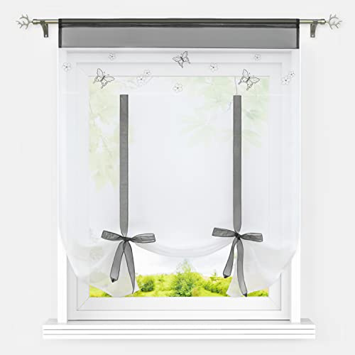 HeichkelL Raffrollo Weiß Bändchenrollo Bestickt Transparente Gardinen Vorhang Scheibengardine Landhausstil Kurze Raffgardine Grau BxH 80x100 cm