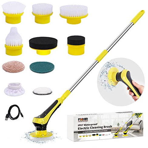POHIR Spin Scrubber Eléctrico, Cepillo de Limpieza Eléctrico con 10 Cabezales de Cepillo y Barra de Extensión, IPX7 Waterproof Electric Scrubber, para Bañera,Azulejo,Piso, Pared de Baño y Cocina