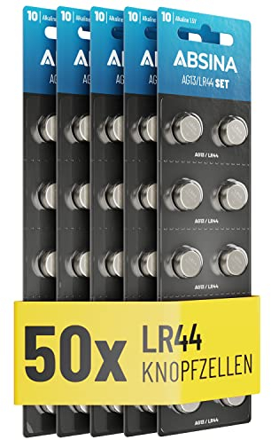 ABSINA AG13 LR44 Knopfzelle 50er Pack - 1,5V Alkaline Knopfzellen auslaufsicher & mit Langer Haltbarkeit - LR1154 / L1154 / L1154F / G13 / G13A / 13GA / 157 / V13GA / PX76A / RW82 - Knopfbatterien