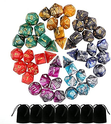 7 Sets (49PCS) Polyhedral Dice Set for Dungeons & Dragons/RPG, Complete D&D/DND Dice Sets (D20, D12, D8, D6, D4 & 2×D10 [0-9 & 00-90]) with 7 Pouches