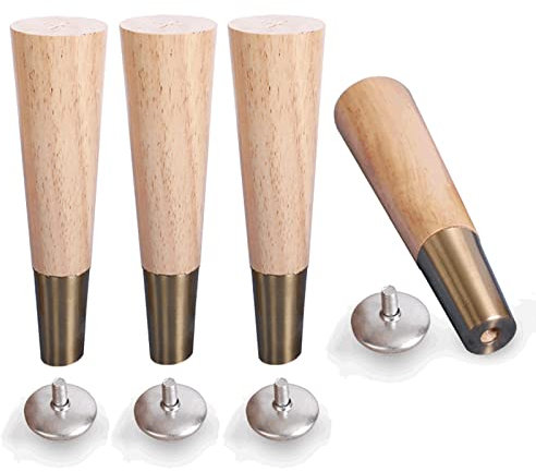 Möbelfüße aus Holz,Massivholz Konisch Tischbeine Stellbar Sofabeine mit Gold Messing Abdeckung für Kleiderschrank TV Schränke Nachttisch 4Pcs (12cm(4.7in))