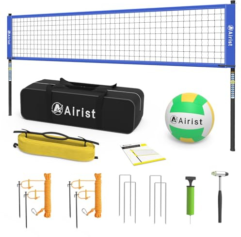 Airist Tragbares Volleyball-Netz-Set, professionelles Volleyballnetz-Set für Hinterhof und Strand, Outdoor-Volleyballnetz mit höhenverstellbaren Stangen, Volleyball und Tragetasche (blau), 90 cm