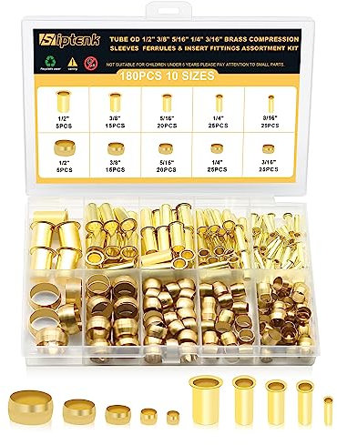 Siptenk 180PCS Brass Compression Sleeves Ferrules & Inserts Tube OD 1/2 3/8 5/16 1/4 3/16, 5 Sizes Tubing Insert Brass Ferrule Kit for DOT Air Brake LIne Fittings