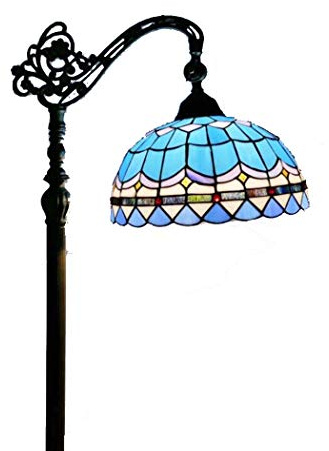 DERBUT Lámpara de pie arqueada estilo Tiffany en vidrieras azules mediterráneas Decoración antigua Luz de pie para el dormitorio Sala de estar Iluminación de lectura, E27