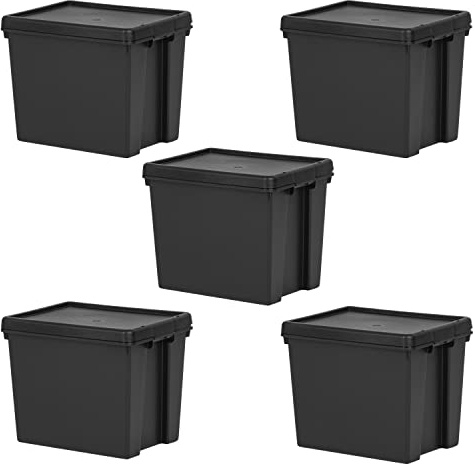 [Pack of 5] Heavy Duty 100% Recycled Black BAM Containers with Airtight Snap Lid- Stackable Strong Storage Boxes for Home Office - Stationery, Toys, Shoes Storage Box Organiser (24 Litre Black Bam)
