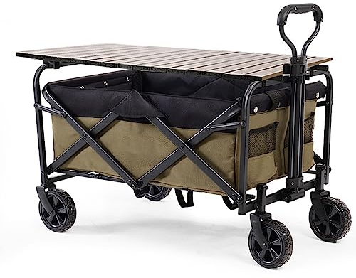 WYJRO Grün Bollerwagen Faltbar,Khaki Faltbar Garten Handwagenbreite Reifen Transportwagen Kapazität 90L Mit Seitentasche Verstellbarem Griff Und Klapppaneel Tragkraft 80Kg,(b) Green+Table Board