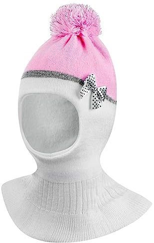 Smarilla Wintermütze Schalmütze Strickmütze Schlupfmütze warme Mädchenmütze Bommelmütze, Größe: 50-52, Farbe: Rosa-Weiß