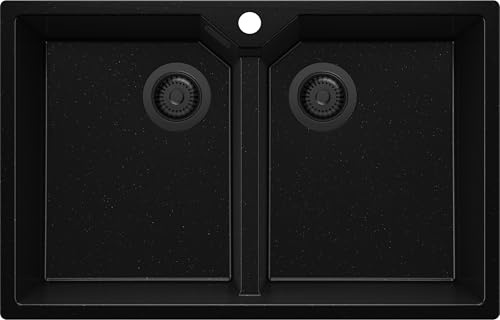 PRIMAGRAN Fregadero Cocina al Mueble 80cm + Kit de desagüe, 78x50cm | Set: Kit de desagüe (sifón, válvula, rebosadero) + Madrid Twin 2 Senos Granito, Todo Negro