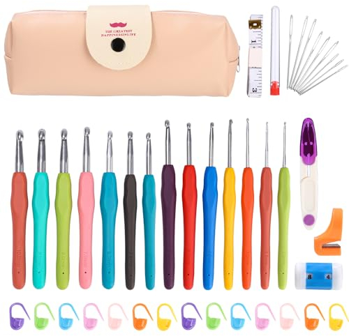 jutyum 37 Stück häkelnadel set 14 Stück 2.0mm-10.0mm crochet hook häkelnadeln set ergonomische häkelnadel häkeln für anfänger Bunte set crochet kit mit Tragbaren Tasche