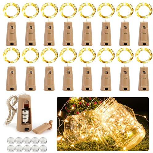 VFANDV 16 Stück Flaschenlicht, Flaschenlichterkette Korken, 2M 20LED Warmweiß Glas Licht Lichterkette mit Batterie, Flaschenlicht Batterie, Lichterkette Flaschenkorken für Hochzeit, Weihnachten Deko