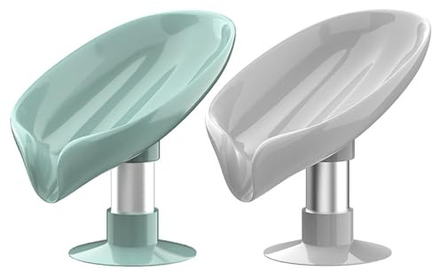 Seifenschale mit Abfluss, 2 Stück, Seifenhalter ohne Bohren, Festes Shampoo-Aufbewahrung, Blattförmige Seifenschale (Grün/Grau)