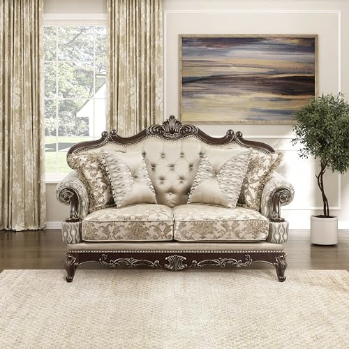 Lexicon Traditional Sofa Couch for Living Room, Rolled Arm Sofa with 4 Accent Pillows, Tufting, Queen Legs in Cherry Finish with Gold Tipping, Upholstered Living Room Furniture, 2 Seater Couch, Brown
