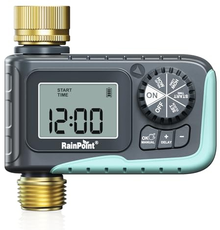 RAINPOINT Temporizador de aspersor con entrada y salida de latón, temporizador de manguera programable para manguera de jardín, temporizador de agua con retardo de lluvia/sistema de riego manual