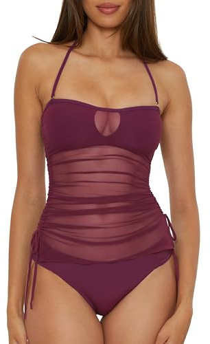 BECCA Muse - Women's Bandeau Tankini, Casual, Pull On, Sheer, Swimsuit Tops for Women, Aubergine, Medium