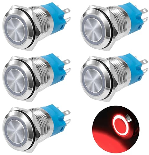 GUNGY Druckschalter Wasserdicht 19mm Schalter 12-24 V 3A Momentanen Taster Druckknopfschalter Messing 5 Pin mit Rot Ring LED-Licht für Auto KFZ Boot Motorrad 5 Stück