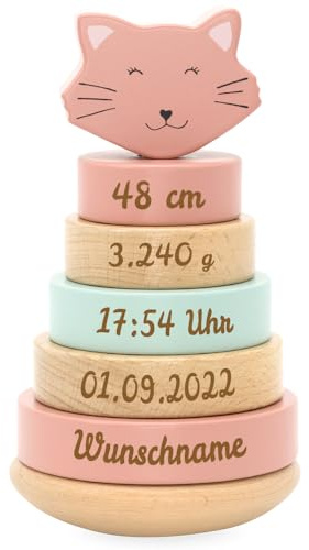 Elefantasie Personalisierter Stapelturm aus Holz von Trixie mit Namen und Geburtsdaten graviert Geburtsgeschenk Katze
