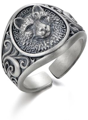 Anello in Acciaio Inossidabile per Uomo, Anello con testa di lupo vichingo, Anello Chevalier Uomo Donna