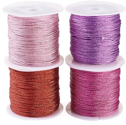 Spritewelry 4 rotoli di cordoncino intrecciato in poliestere da 0,8 mm, rotondo, metallico, per perline, nodi cinesi, macramè, bracciali, collane e gioielli