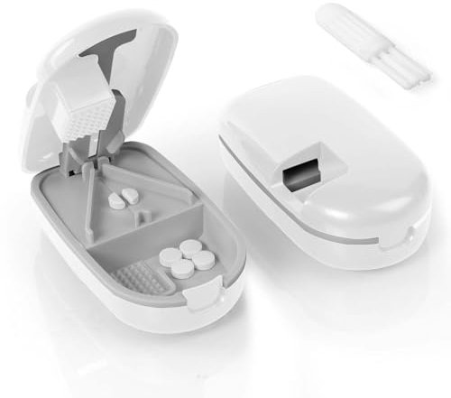 AOGOE Taglia Pillole, Separatore di Pillole Portatile con Lama, Taglio V con Macinatura, Comprimido che Scivola Automaticamente, Trita Pastiglie Medicine e Spazzola per Anziani, Bambini, Viaggi