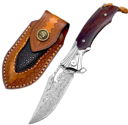 Joa Damast Taschenmesser mit Lederscheide, Damaststahl Klinge, Holzgriff | Tanto Klein Messer, Outdoor EDC, Einhandmesser, Multi Jagdmesser, Premium Klappmesser