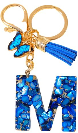 Porte-clés avec Lettre pour Femme Fille, Porte-clés Lettre Initiale avec Papillon et Gland, Personnalisé Porte Clef à Breloques A-Z Alphabet Keychain Cadeau pour Noël, Anniversaires (M)