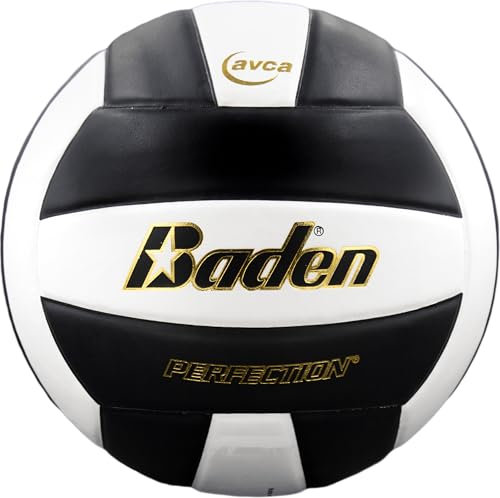 Baden Perfektion, Premium-Leder, offizielles Spiel-Volleyball für den Innenbereich, 13U bis College, offizielle Größe + Gewicht, Schwarz/Weiß, AVCA-geprüft