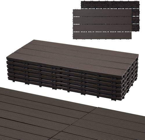 Eulenke WPC terrassplattor 30 stycken, 30 x 60 cm terrassbrädor för balkonggolv, klickplattor, balkongplattor i träutseende, golvbeläggning väderbeständig för terrass, för 5 m², kaffebrun