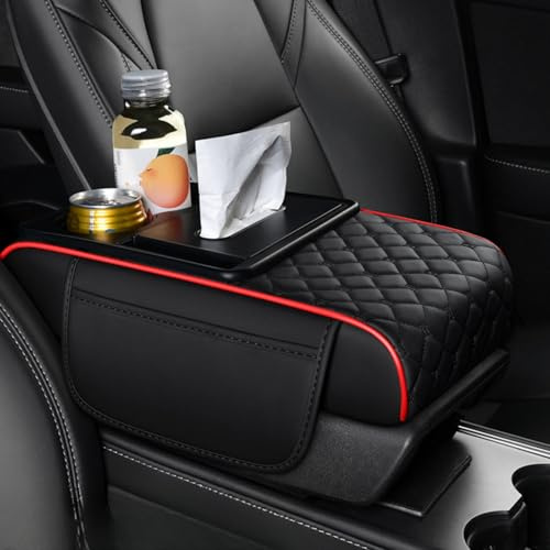 ST SoleMe.Tc Copertura per console centrale 5 in 1, copertura per bracciolo per auto con portabicchieri, tasca portaoggetti e scatola di fazzoletti, copertura per bracciolo, griglia, nero - rosso