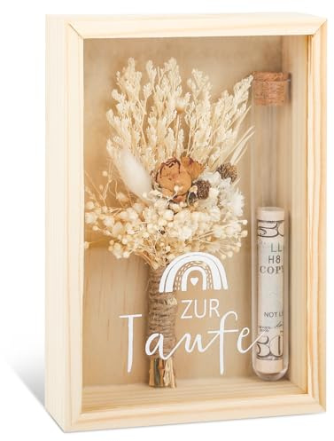 Taufe Geschenk – Geldgeschenk zur Taufe – Geschenkbox mit Trockenblumen & Reagenzglas – Kreative Geldgeschenke für Mädchen & Jungen – Erinnerungsstück aus Holz