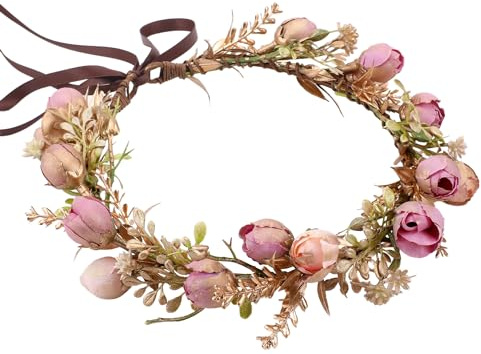 PartyforU Blumenkranz Haare Elfenohren Elfen Feen Kostüm Damen Goldene Blatt Lila Blumenkopfband für Hochzeit Geburtstagsparty Faschingskostüme Karneval Kostümveranstaltung Verkleidung Boho Süße