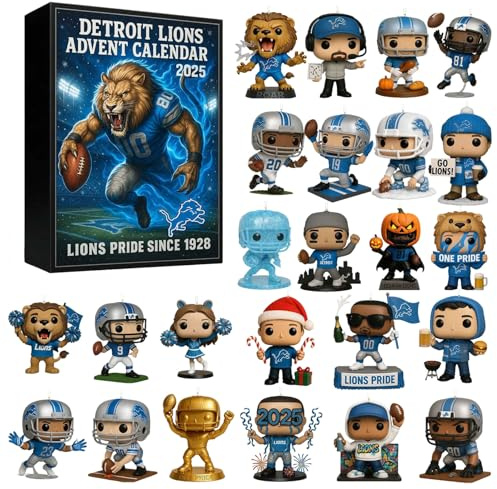 Adventskalender Detroit Lions, 24 Mini-Dekorationen zum Verzieren des Weihnachtsbaums, Countdown bis Weihnachten Detroit Lions klassische Sammlerfiguren, Dekorationen für den Weihnachtsbaum