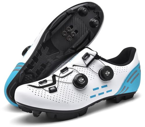 Mountainbike-skor inomhus utomhus ridskor herr och dam utomhus MTB andningsbara halkfria cykelsneakers kompatibla SPD-pedal unisex spin cykelsko, Vit blå, 39 EU