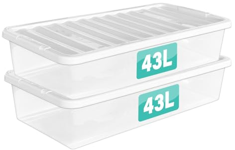 2 x 43 Litre Underbed Clear Plastic Storage Boxes With Lids Set of 2, Transparent Multipurpose Nestable Stackable Plastic Box With Lid Containers For Home, Kitchen, Garage, Office, Accessories