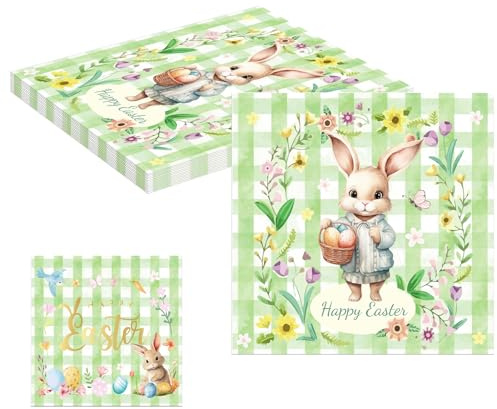 MORAINJAY 40 Stück Oster Servietten, Retro Vintage Osterhasen Papierservietten 33x33cm, Tischdeko für Osterparty, Frühlingsparty und Geburtstag, 2-lagig
