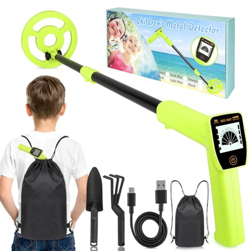 Metal Detector Kids - iTayga 2026 Rechargeable Kid Metal Detectors with 1800mAh Battery, Adjustable Height 24-35, High Accuracy Coil Waterproof Gold Detector with LCD Display for Outdoor, Green