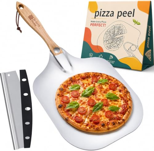 Pizza Peel with Rocker Cutter – Premium Aluminium Pizza Peel 12 inch | (30.6 x 30.5 cm), Pizza Paddle with Foldable Wooden Handle,& Dough Scraper – Ideal for Homemade Pizza & Baking