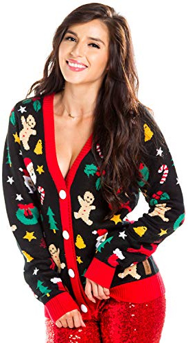 Tipsy Elves Classic Cute Cardigan Ugly Christmas Sweaters for Women with Fun Patterns and Animals - Women's Colorful Black Cookie Cutter Christmas Cardigan Size Large
