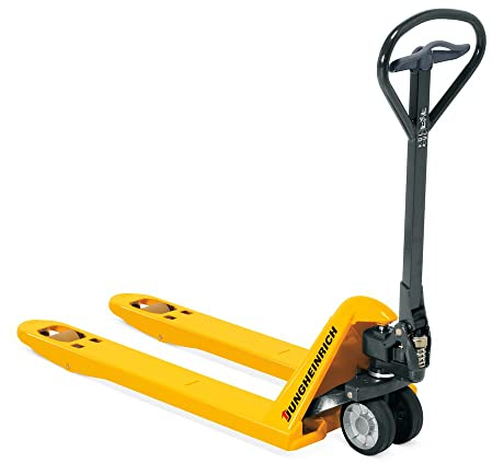 Jungheinrich Hubwagen AM | 2.200 kg Tragkraft | 1.150 mm Gabellänge | Lenkrad aus laufruhigem Vollgummi | Tandem-Gabelrollen aus robustem Polyurethan | Palettenhubwagen