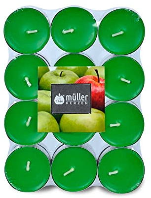 Müller 24 Duft Teelichter – Äpfel – 4 Stunden Brenndauer – Ø39 mm – Farbe Grün – Premium Juicy Apple Duftkerzen – Gegossenes Wachs – RAL Qualität