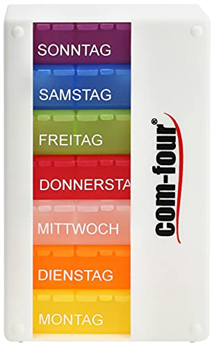 com-four® Medikamentendosierer 7 Tage - BESSER LESBAR - Medikamenten-Box (Morgens, Mittags, Abends) - Pillendose - Tablettendose - Wochendosierer (001 Stück - weiß V1.1)