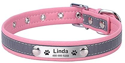 EUSFIYY Einstellbare personalisierte Hundehalsbänder PU Leder reflektierende Hunde Katzenhalsband ID Benutzerdefiniertes Etikett Graviertes Haustier Accessorie-Pink_M
