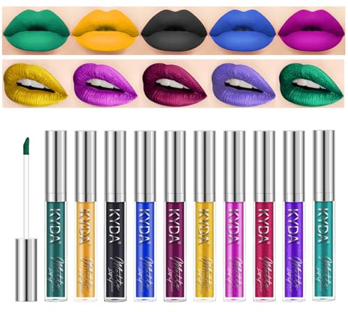 KYDA 10 Colors Lipstick Set, Green Lipstick Metallic Lipstick Set, Non-Stick Cup Long Wear Lip Glaze, High Pigmented Lipstick Cosmetic Gift Kit for Glossy and Full Matte Lip Gloss