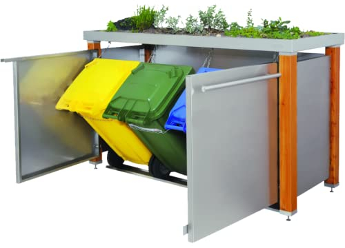 Edelstahl Mülltonnenbox für 3 Tonnen 120L mit Pflanzenwanne und Holzpfosten (HW/111/B), Mülltonnenhaus Mülltonnenverkleidung