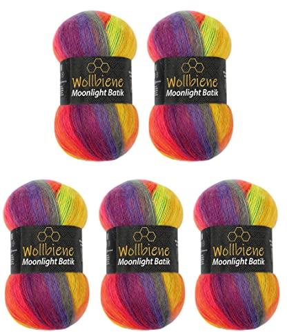 Wollbiene Moonlight Batik 5 x 100g Strickwolle 500g Wolle zum Stricken & Häkeln 20% Türkische Wolle mit Farbverlauf, Strickwolle (2600 rainbow)