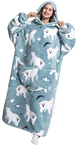 Kuscheldecke Flauschig mit Ärmeln und Kapuze Plaid Deckenpulli Hoodie Decke mit Tasche Oversize Wärm Pullover Sofadecke Schlafanzug Kapuzenpullover für Camping Geschenkidee(Einheitsgröße,Eisbär)