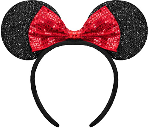 Balinco Maus Ohren mit Schleife, Schwarz Rot, Haarschleife, Haarschmuck, Party Accessoires, Karneval Kostüm Damen, Faschingskostüme (Haarreif)