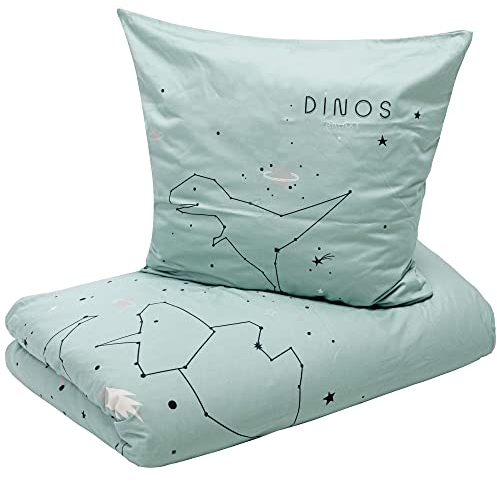s.Oliver Kinderbettwäsche Dino 135x200 cm - 100% Baumwolle, praktischer Reißverschluss & maschinenwaschbar, Bettwäsche für Kinder Dinosaurier & Sterne 2tlg. Mint