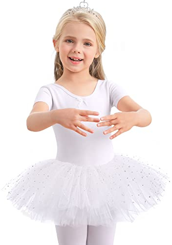 Aiseyi Abbigliamento da balletto per ragazze, con paillettes, t-shirt da balletto, in cotone, per bambini, a maniche corte, tuta da balletto, abito da danza, ballerina, tutù, bianco, 110