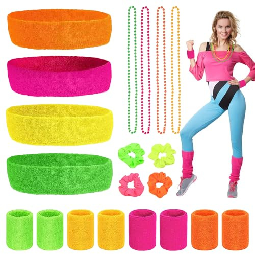 Riisoyu 20 Stück Schweissband Set, 80er Neon Schweißband 80er Jahre Accessoires Sport Stirnband Armband Set Bunt Damen Sport Armband Absorbierende Schweißbänder mit Halskette