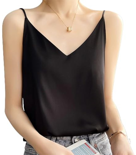 Camisola de Seda para Mujer, Top con Tirantes Finos y Cuello en V, Camisa de Negocios Holgada con Cuello Sexy, Cuello Sexy Mostrar (M,B)